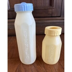 Vintage Evenflo White 8oz w/ Blue Collar & Yellow 4oz Plastic Baby Bottles